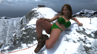 bikini breasts black_hair large_breasts long_hair swimsuit bra brunette brown_eyes boots dark_skin athletic tinies snowing green_bikini solo 1girl strapless green_bra ski_slope ski_lift giantess mountains snow winter digital_render large_breast taintedwizard