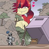 giantess dragon horns red_eyes knight tree heart shrunken_man grass mountains outdoors sky bush femboy treasure_chest gold solo chunkymoon