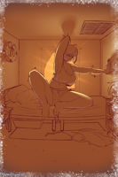 breasts monochrome large_breasts toes barefoot huge_breasts short_hair sitting navel underboob shorts short_shorts sketch thighs stretching closed_eyes waking_up thick_thighs armpits morning flameeliwood solo giantess christmas mini_giantess