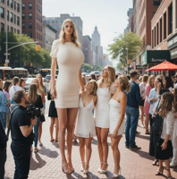 gentle blonde large_breasts long_hair clothed cleavage high_heels street mini_giantess standing onlookers looking_up size_comparison mini_skirt ai_art enhanced_art