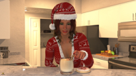 brunette christmas shrunken_man digital_render taintedwizard breasts black_hair bath green_eyes smiling lips kitchen table food indoors plate cup santa_hat mole mug 1girl