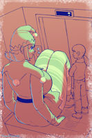 breasts drawing monochrome large_breasts blue_eyes smiling socks ponytail sitting pants thighs belt santa_hat elevator looking_at_tiny flameeliwood gentle giantess christmas mini_giantess holidays