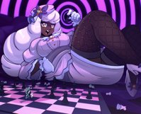 giantess white_hair pokemon long_hair small_woman stockings purple_eyes gloves dress chess maid_uniform dark_skin braid chessboard muto157 lebanne jacinthe breasts drawing color high_heels lying_down looking_at_tiny