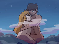 drawing giantess nude giga city mega blonde color long_hair giant buildings brunette couple mountains hugging dark_skin clouds night thighs stars sammy samuel megamaliit