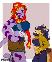 breasts drawing giantess furry tail tiger vixen large_breasts butt claws blue_hair gloves ponytail mini_giantess shorts abs pants jacket choker earrings top stripes belt tiara hands_on_hips purple_skin hood zipper scarf looking_at_tiny orange_skin bare_legs carmelita_fox bare_midriff police_officer sly_cooper_(series) neyla sayer09 no_background