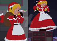 breasts drawing growth giantess mega blonde comic color long_hair destruction blue_eyes skirt buildings christmas gloves night santa_costume alice_in_wonderland cookies disney belt hairband sack nightcore100 alice outgrowing_buildings santa_hat