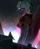 drawing giantess giga city mega color robot blue_eyes buildings sitting night looking_at_tiny transformers arcee cheesy_cryptid