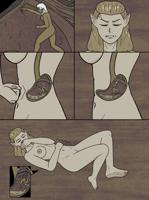 giantess breasts drawing nude blonde comic monochrome long_hair barefoot lying_down navel shrunken_woman jewelry closed_eyes tiara covering_breasts pointed_ears on_back 1girl damianlix bella_souto