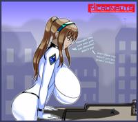 giantess city color large_breasts long_hair buildings brunette ponytail jumpsuit saffireprowler micronauts ellie_valentine drawing shrunken_man