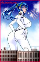 drawing tiny_person giantess city color large_breasts blue_hair ponytail jumpsuit saffireprowler micronauts lynka_koloso build longhair