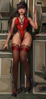 giantess breasts drawing city mega black_hair color destruction high_heels buildings brown_eyes socks lying_down foot_crush bus eve leotard zipper cracked_ground bare_legs between_breasts admdraws cleavage