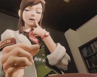 brunette looking_at_tiny giantess feet handheld toes soles animation shrunken_man ace_attorney dialogue pinched digital_render ema_skye cooliocool7997