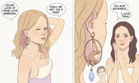 breasts blonde comic long_hair blue_eyes bra brunette smiling lipstick english jewelry earrings red_lipstick makeup mole one_eye_closed speech_bubble multiple_girls 2girls 1boy leadensky0 giantess shrinking bondage female_domination human_jewelry