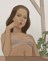 giantess shrinking female_domination breasts long_hair blue_eyes bandages cleavage bra brunette worship shrunken_man looking_at_viewer plants potted_plant parted_lips medium_breasts 1girl strapless upper_body leadensky0