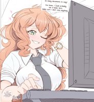 giantess yohomeboyraps breasts drawing blonde color large_breasts smiling green_hair red_hair watch office tie shrunken_man shirt computer dialogue office_lady coffee_cup no_background looking_at_tiny raps