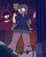 breasts giantess city mega blonde long_hair handheld buildings glasses brunette couple grin night sweater looking_at_tiny neo cutaway megamaliit goldie drawing color
