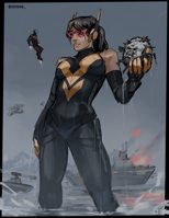 breasts drawing giantess mega black_hair color armor handheld water ocean wet brunette gloves ponytail airplane waves mask avengers thighs costume ships iron_man looking_at_tiny janet_van_dyne marvel_comics the_wasp modok scnova