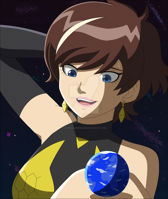breasts drawing giantess earth giga space color blue_eyes handheld brunette sweat gloves short_hair costume earrings stars cosmic_giantess janet_van_dyne marvel_comics nightcore100 the_wasp marvel_disk_wars