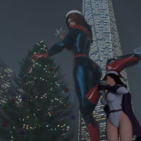 breasts giantess city mega black_hair large_breasts butt crossover cleavage buildings christmas gloves red_hair boots reflection night thighs costume lois_lane cape giant_girl belt leotard hands_on_hips power_girl coffee_cup christmas_tree digital_render dc_comics mary_jane bare_legs ci0 santa_hat superman marvel_comics spider-man