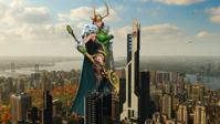 breasts mega black_hair cape new_york_city helmet scepter avengers_tower horns city buildings day skyscraper cloud standing bird outdoors sky cmwaters cloudy_sky giantess collage avengers loki marvel_comics marvel_rivals lady_loki
