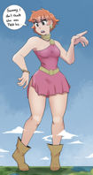 breasts drawing giantess giga mega color blue_eyes water ocean giganta dress short_hair boots cosplay clouds earrings belt bracelet dialogue orange_hair sam dc_comics bare_legs sihagen
