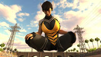 breasts giantess mega black_hair large_breasts bridge gloves short_hair crouching costume power_lines digital_render janet_van_dyne marvel_comics the_wasp bewaremypower17