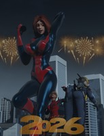 breasts giantess city mega blonde butt multiple_sizes gloves boots glass giantesses mask avengers night thighs leaning_against_building costume fireworks giant_girl leaning_on_building champagne celebration digital_render mary_jane janet_van_dyne cassie_lang stature new_year the_wasp ci0 helmet marvel_comics spider-man