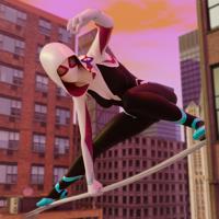 breasts city handheld buildings shrunken_man mask costume hood web pinched looking_at_tiny digital_render gwen_stacy peter_parker spider_gwen woahtheybig spider-man