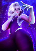 breasts drawing giantess city blonde color blue_eyes buildings shoes shrunken_man mask night thighs costume stars hood web looking_at_tiny gwen_stacy miles_morales spider_gwen ondieony spider-man