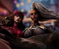 marvel_rivals breasts white_hair micro blonde large_breasts long_hair blue_eyes handheld smiling gloves storm shrunken_man dark_skin mohawk fantastic_four earrings tiara x-men looking_at_tiny digital_render invisible_woman marvel_comics scarlet_witch susan_storm frequentlyimprobable