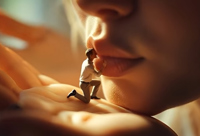 gentle blonde long_hair clothed handheld tiny lips kissing shrunken_man up_close ai_art