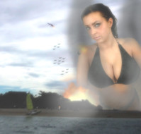 bikini beach helicopter explosion smoke looking_at_viewer aircraft Mega Megagiantess missile eye_shadow breasts giantess collage mega story ewa_sonnet megagiantess gtsmakerdj