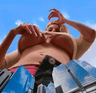 cleavage underboob bending_over looking_down looking_at_viewer bouncing_breasts Mega Megagiantess above_buildings Cleavage breasts giantess collage mega story animation megagiantess gtsmakerdj sara_jay