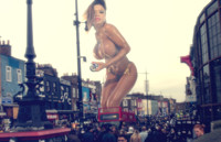 breasts giantess collage mega story asian armie_field megagiantess gtsmakerdj bikini city handheld london looking_at_viewer crowds holding_vehicle Mega Megagiantess