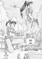 breasts drawing gentle giantess manga mega monochrome gun military ponytail boots kneeling shirokuro_jakko giantesses suits leotard