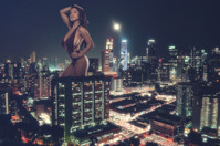 breasts giantess collage mega story asian megagiantess gtsmakerdj elizabeth_anne_pelayo night looking_at_viewer swimwear hand_behind_head hand_on_waist Mega Megagiantess
