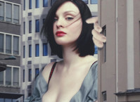 cleavage lipstick looking_at_viewer between_buildings hand_on_building Mega Megagiantess Cleavage breasts giantess collage mega story megagiantess gtsmakerdj sophie_ellisbextor