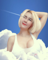 blonde large_breasts smiling airplane clouds aircraft winking hand_behind_head Mega Megagiantess breasts giantess collage mega story asian megagiantess gtsmakerdj bunnada_watthanachotkitti