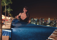 breasts giantess collage mega story asian megagiantess gtsmakerdj verysallyish large_breasts cleavage smiling pool night looking_at_viewer rooftop leaning_on_building Mega Megagiantess Cleavage