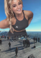 breasts giantess collage mega story megagiantess gtsmakerdj kate_fisher city blonde smiling looking_at_viewer crowds rooftop observation_deck gym_outfit Mega Megagiantess