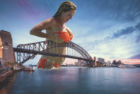 breasts giantess collage mega story megagiantess gtsmakerdj claire_sweeney bikini bridge wet looking_down evening lifting_breast Mega Megagiantess