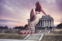 breasts giantess collage mega domination story megagiantess realistic gtsmakerdj lady_ginger_lust underwear red_hair sandals fishnets point_of_view looking_at_viewer sitting_on_building washington_dc evening lincoln_memorial Mega Megagiantess