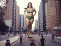breasts giantess collage mega domination story asian megagiantess gtsmakerdj ai_generated bikini city hands_on_hips runners Mega Megagiantess