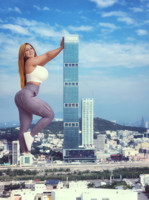 city butt smiling pants looking_at_viewer trainers leaning_on_building Mega Megagiantess hands_on_building breasts giantess collage mega story megagiantess gtsmakerdj