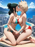 giantess bikini breasts blushing city mega blonde black_hair large_breasts long_hair swimsuit beach barefoot cleavage water ocean buildings soles kneeling kissing day pool skyscraper cloud outdoors sky closed_eyes holding_hands shiny breast_press yaoyorozu_momo multiple_girls blue_bikini looking_at_another 2girls collarbone covered_nipples spiked_hair sidelocks side-tie_bikini aqua_bikini ai_art