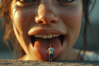 vore tongue shrunken_man freckles sunlight big_mouth giantess ai_art