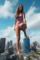 mega giantess ai_art breasts crush city blonde long_hair destruction toes barefoot buildings skyline day skyscraper cloud standing outdoors sky leotard solo 1girl pink_leotard