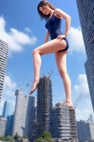 breasts crush city black_hair large_breasts long_hair butt swimsuit destruction barefoot water buildings hand day skyscraper cloud standing outdoors sky from_below solo realistic one-piece_swimsuit 1girl giantess ai_art