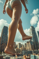 giantess ai_art crush feet city mega butt swimsuit destruction barefoot buildings soles day skyscraper cloud outdoors sky realistic 1girl