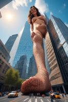 giantess ai_art breasts nipples nude feet city black_hair long_hair toes barefoot buildings soles smiling day fishnets skyscraper cloud standing outdoors sky tinies point_of_view medium_breasts fishnet_legwear tiny_cars